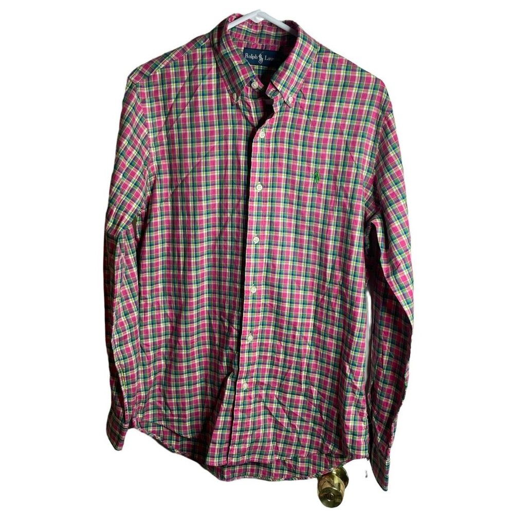 Ralph Lauren Shirt Mens Small Button Up Pink Plaid Green Pony Logo